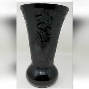 PADEN CITY #184 EBONY BLACK GLASS LELA BIRD ETCHED 10" VASE 1930's
